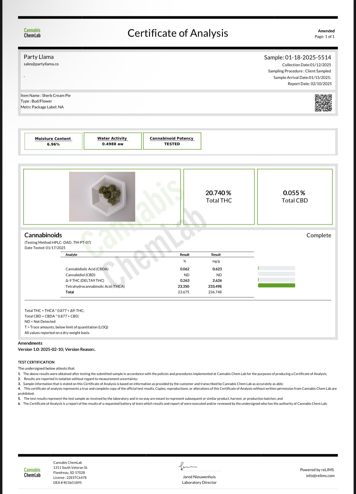 Certificate of Analysis for Sherb Cream Pie THCa flower by Stoney Baloney Hemp Co., lab-tested for purity and cannabinoid content