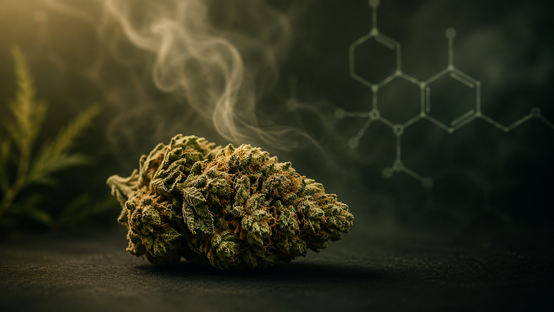 Close-up of green herbal bud with soft smoke and molecular illustration, representing the science of THCa and its psychoactive effects