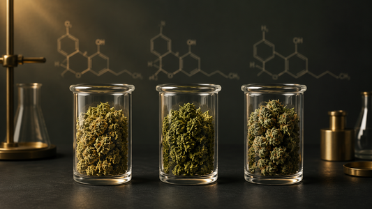 Three glass beakers containing different shades of green herbal flower with molecular structures in background, representing a comparison of THCa, delta-8, and delta-9 cannabinoids
