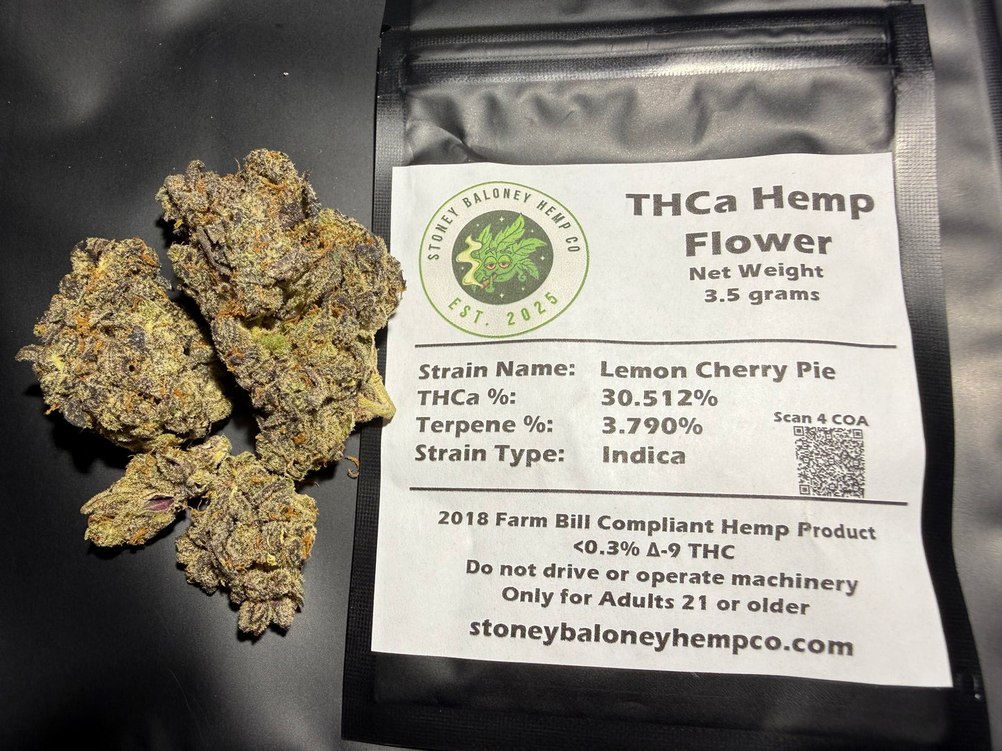 Lemon Cherry Pie THCa flower by Stoney Baloney Hemp Co., hybrid hemp with sweet cherry and zesty lemon flavor notes
