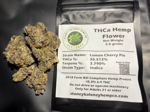 Lemon Cherry Pie THCa flower by Stoney Baloney Hemp Co., hybrid hemp with sweet cherry and zesty lemon flavor notes