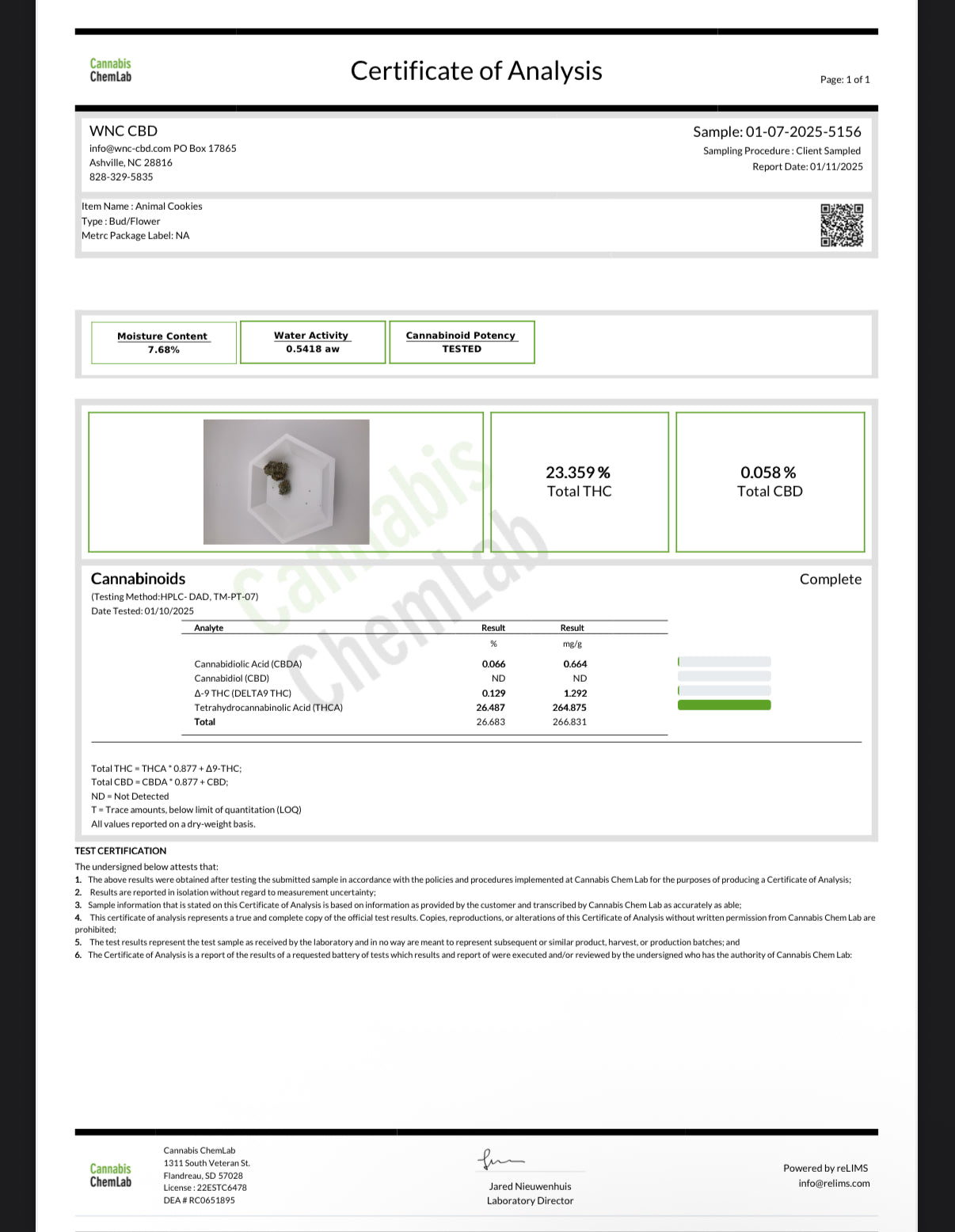 Certificate of Analysis for Animal Cookies THCa flower by Stoney Baloney Hemp Co., lab-tested for potency and cannabinoid profile