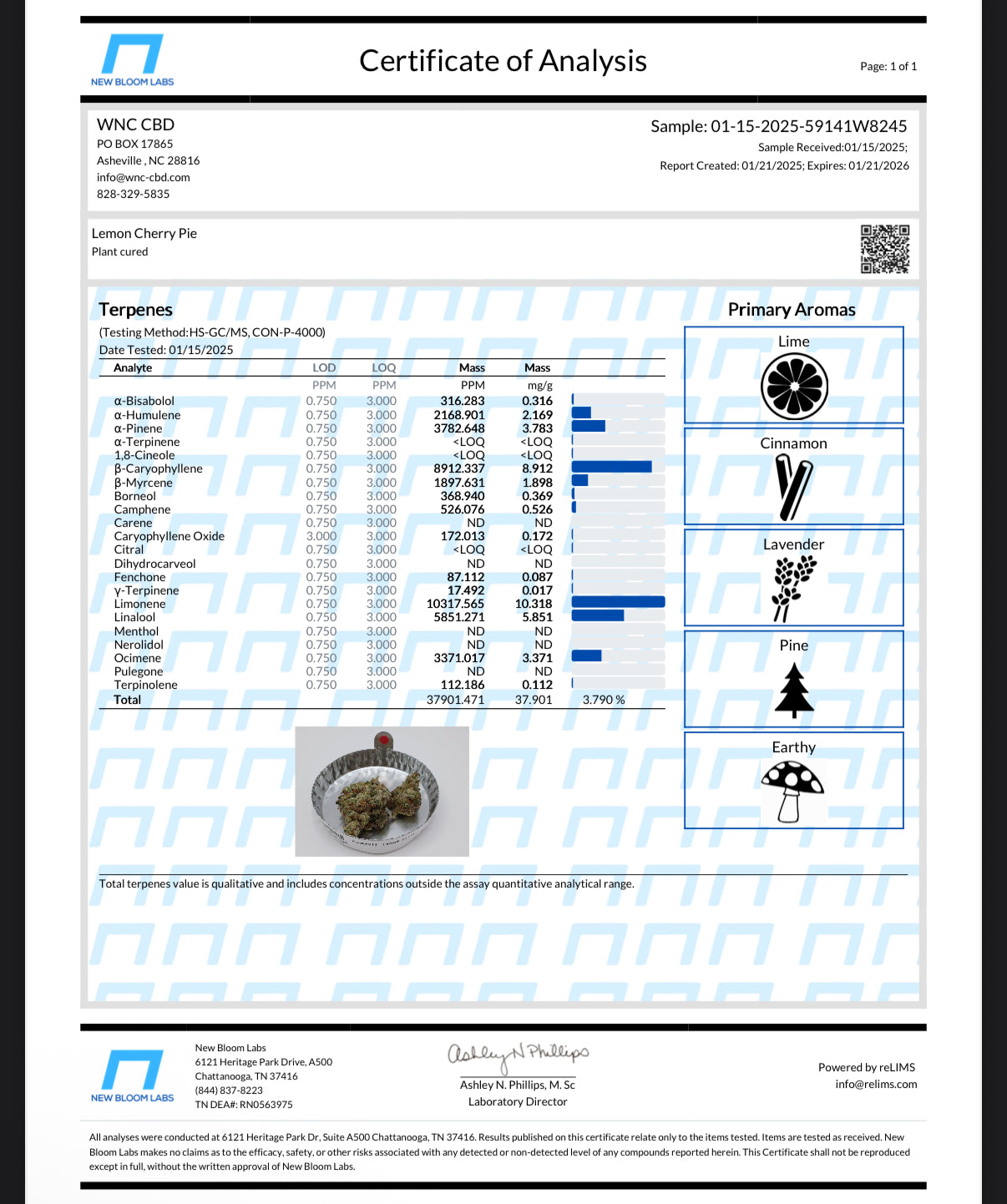 Certificate of Analysis for Lemon Cherry Pie THCa flower by Stoney Baloney Hemp Co., lab-tested for THCa content and premium hemp quality