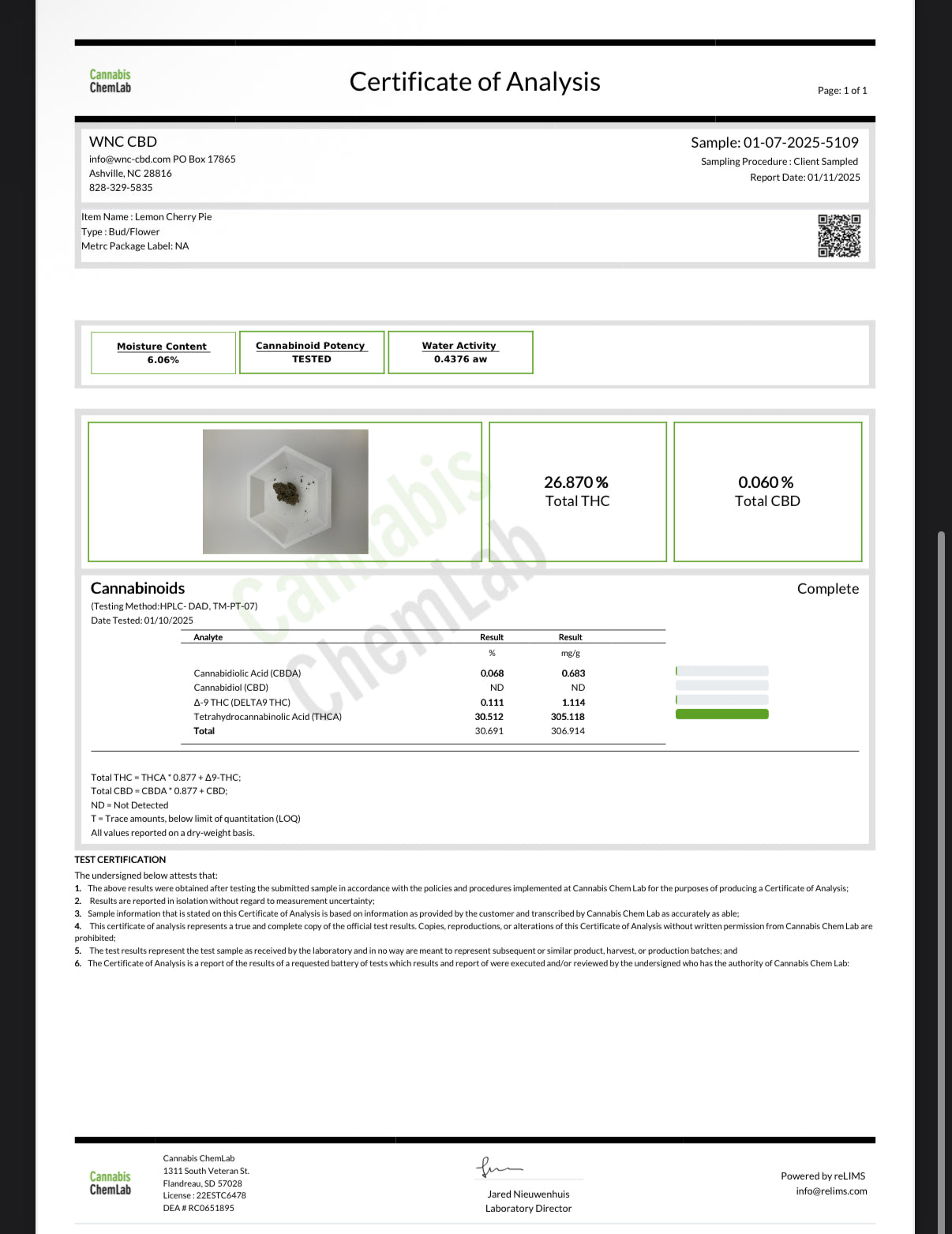 Certificate of Analysis for Lemon Cherry Pie THCa flower by Stoney Baloney Hemp Co., lab-tested for THCa content and premium hemp quality