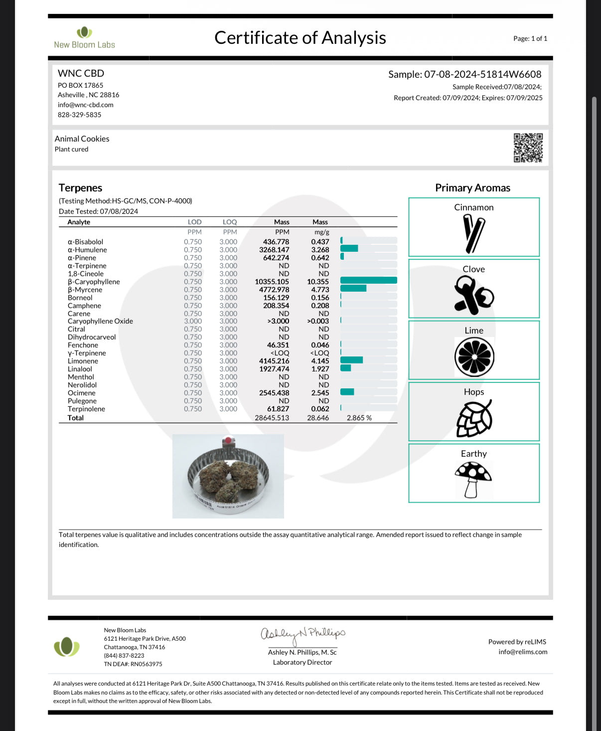 Certificate of Analysis for Animal Cookies THCa flower by Stoney Baloney Hemp Co., lab-tested for potency and cannabinoid profile