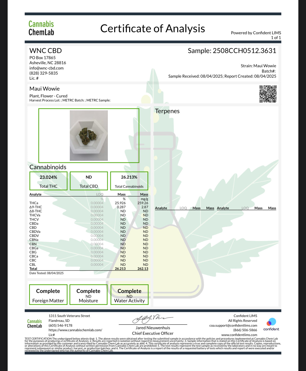 Certificate of Analysis for Maui Wowi THCa flower by Stoney Baloney Hemp Co., lab-tested for potency, tropical flavor, and cannabinoid content
