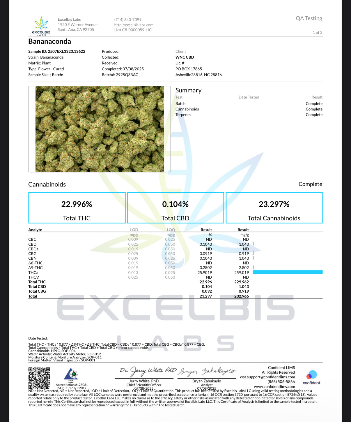 Certificate of Analysis for Bananaconda THCa flower by Stoney Baloney Hemp Co., lab-tested for THCa levels, flavor, and quality