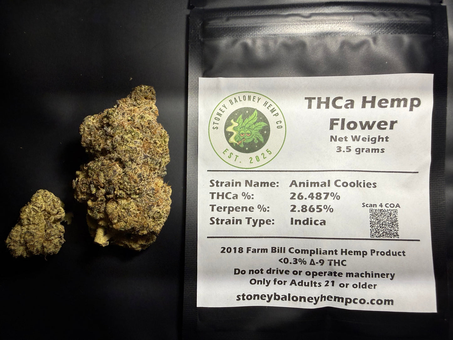 Animal Cookies THCa flower by Stoney Baloney Hemp Co., hybrid hemp with earthy, sweet, and dessert-like flavor notes
