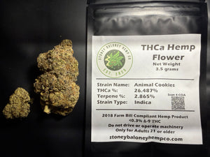 Animal Cookies THCa flower by Stoney Baloney Hemp Co., hybrid hemp with earthy, sweet, and dessert-like flavor notes