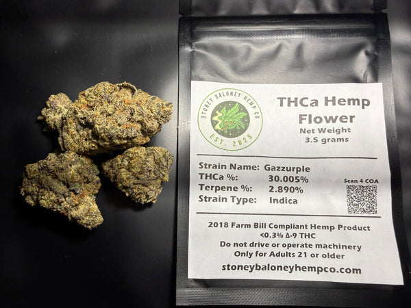 Gazzurple THCa flower by Stoney Baloney Hemp Co., premium hybrid hemp with sweet grape and berry flavor notes