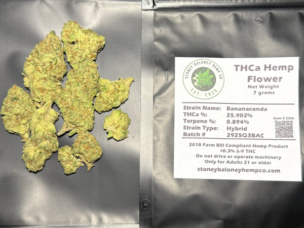 Bananaconda THCa flower by Stoney Baloney Hemp Co., hybrid hemp with sweet banana and tropical flavor notes